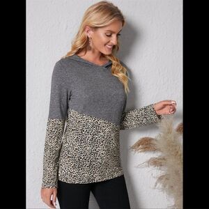 Gray & Leopard Print Hoodie
